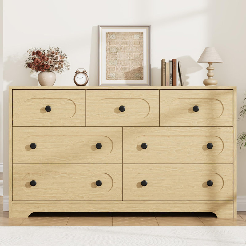 Grande commode en bois de 55 pouces de style Mid-Century moderne avec tiroirs de rangement profonds et boutons en métal