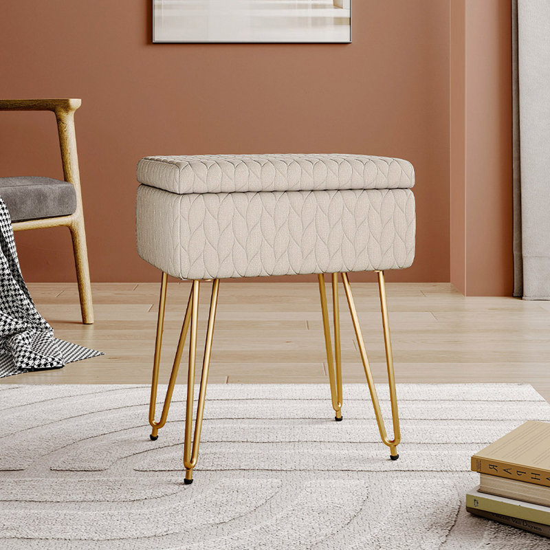 Anabella 48cm Rectangle Upholstered Storage Ottoman Vanity Stool, Beige