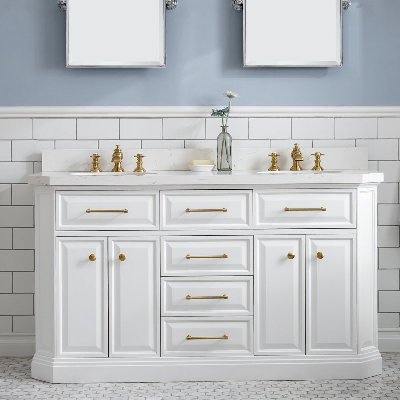 Bruning 60" Carrara Engineered Marble Countertop Bath Vanity with Faucet, Satin Brass Deck Mount, Pure White