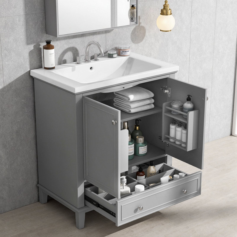 Ensemble de meuble-lavabo élégant 30 po avec tablette réglable et rangement multifonctionnel, Gris