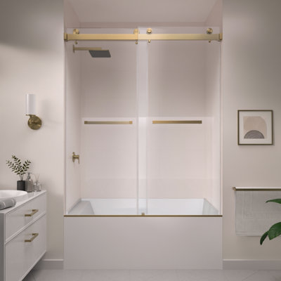 Catalyst 56"- 61" W x 72" H Double Sliding Frameless Shower Door in Brushed Bronze with 3/8" Clear Glass