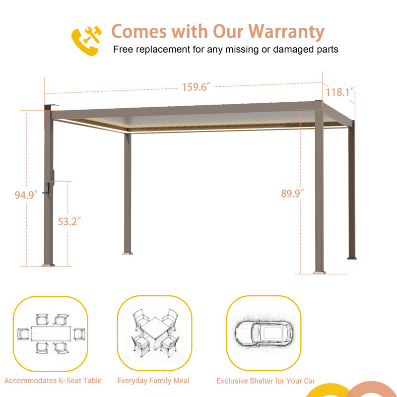 Solar LED Louvered Pergola, Outdoor Pergola with LED Strip Lights & Hardtop Metal Pergola with Adjustable Roof, 10 ft x 13 ft