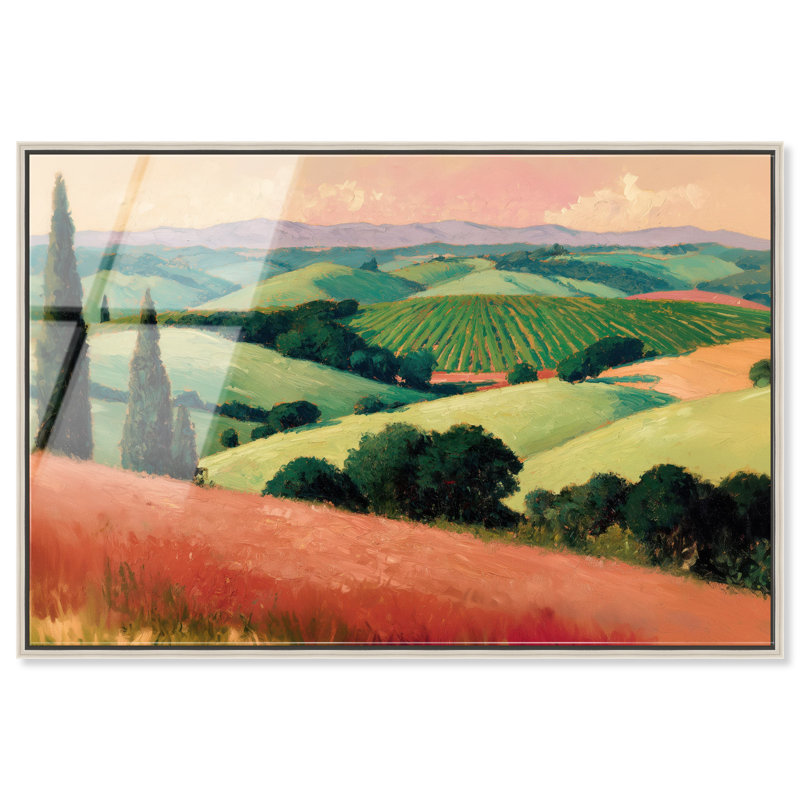 Couchers de soleil et vallée luxuriante, impression acrylique encadrée, art mural vintage par Art Remedy, cadre argenté, 30 x 20