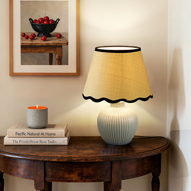 12.9" Ceramic Table Lamp with Adjustable Rattan Scallop Shade, Includes G45 Bulb, Green