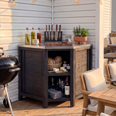 Armoire de coin pour cuisine en cèdre 35,4 pouces avec comptoir en acier inoxydable et tablettes ouvertes - noir
