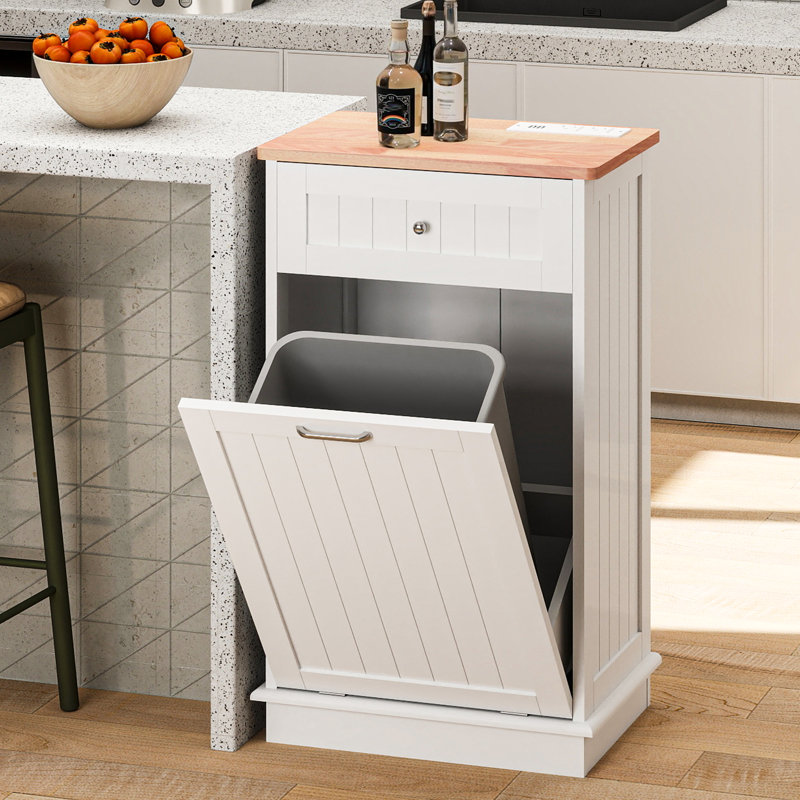 Armoire à ordures à double inclinaison avec prise de courant, Blanc / Brun