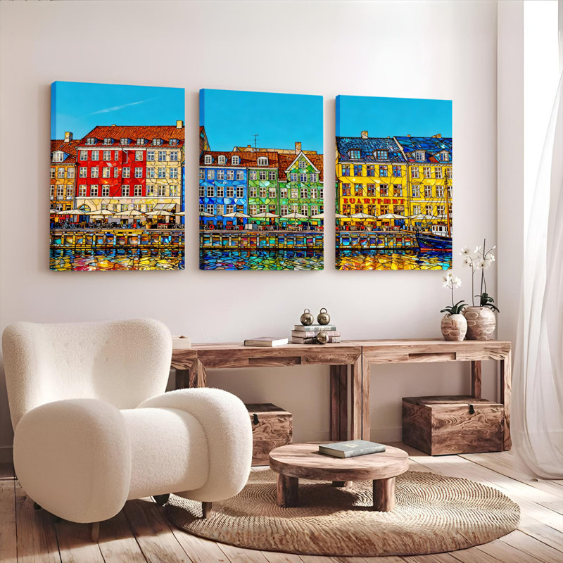 Ensemble de 3 tableaux sur toile représentant des bâtiments colorés au bord de la rivière en Europe, H 24 po x l 48 po