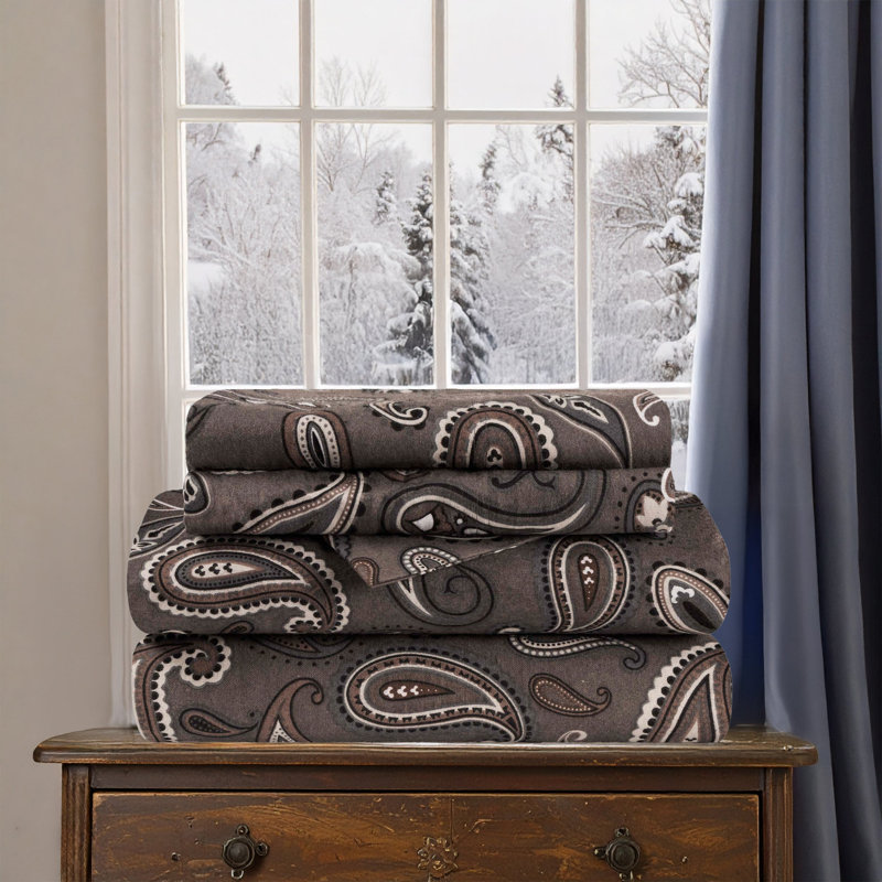 Blue Nile Mills Paisley 100% Cotton Flannel Deep Pocket Sheet Set, Charcoal, Full Sheet Set with 2 Pillowcases
