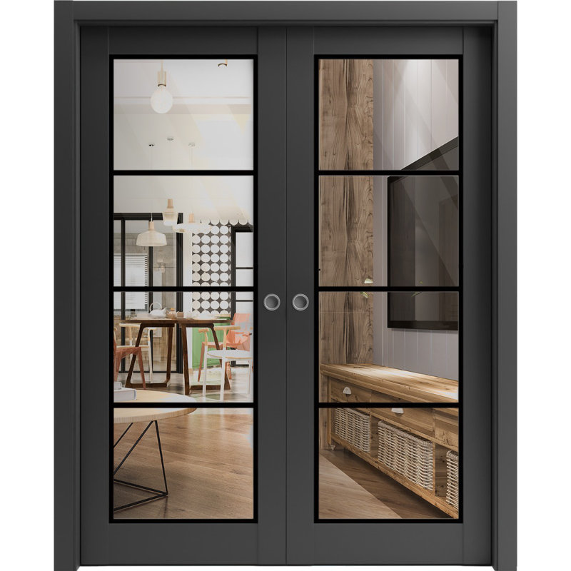 Portes françaises en bois manufacturé 2466, Noir mat, 60 po x 96 po