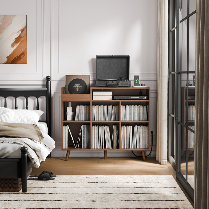 Meher 45" W Vinyl Record Storage Cabinet with Charging Station, Adjustable Open Shelves, Brown