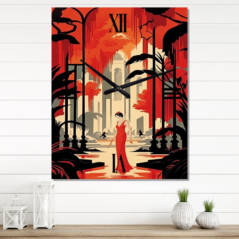 Horloge murale femme en robe rouge Art Deco, H 28 po x l 12 po x P 1 po