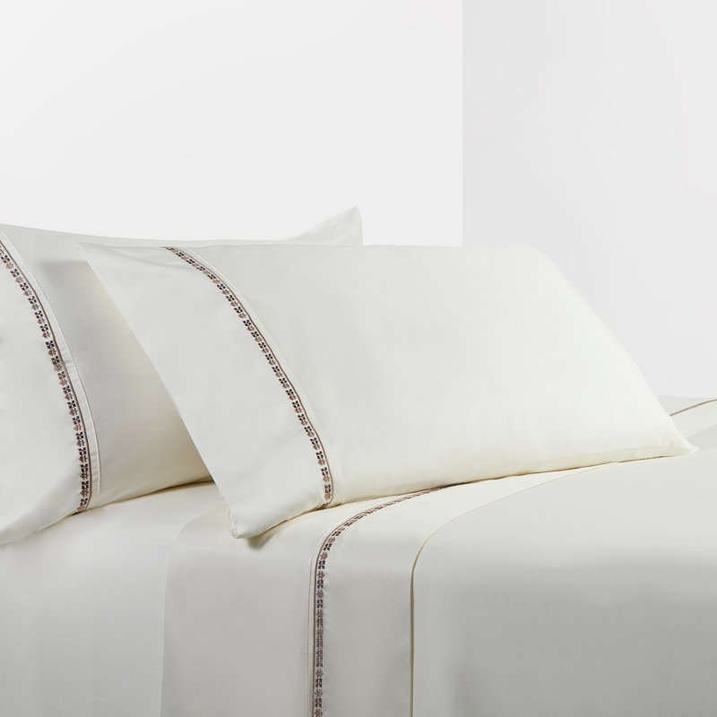 Fair Isle Cream Brown 350 Thread Count Modern Rustic Sheet Set, Queen Fitted Sheet with 1 Pillowcase