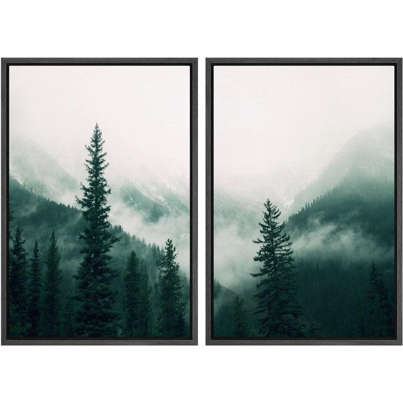 «Dark Mountain Range Tree Forest Mist Nature Landscape», impression sur toile, 2 pièces, Cadre flottant noir