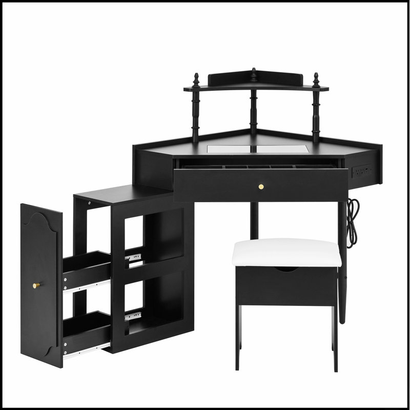 Ensemble de meuble-lavabo de coin avec rangement, tabouret rembourré et station de charge, idéal pour les routines de beauté modernes et l'efficacité de l'espace