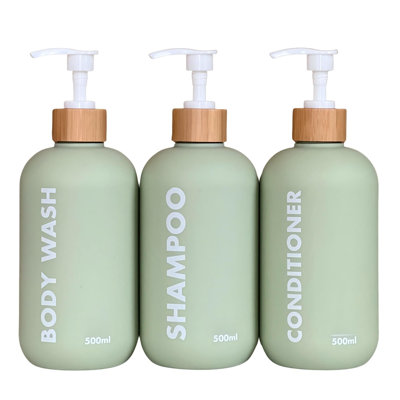 Distributeur de shampooing et revitalisant, distributeur de savon de douche pour salle de bain, ensemble de 3 bouteilles avec étiquette stylisée permanente, 17 oz, 500 ml de bouteilles de shampooing et de revitalisant vertes