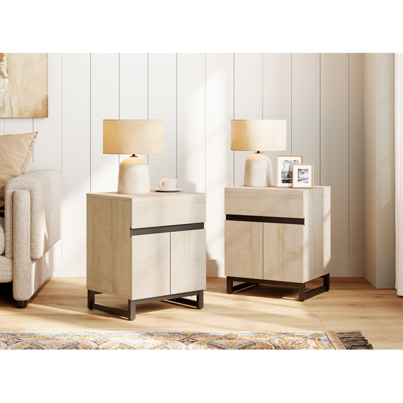 Aadam 2 Piece Modern End Table With 1 Drawer & 1 Storage Cabinet, Beige
