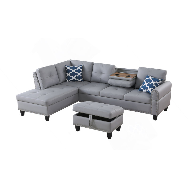Canapé modulaire en faux cuir gris avec repose-pieds en L