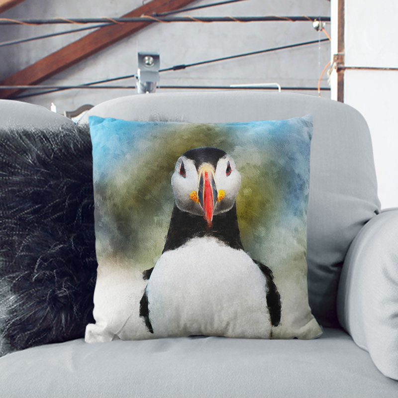 Lone Atlantic Puffin Painting Cushion with Filling, 40cm H x 40cm W x 15cm D