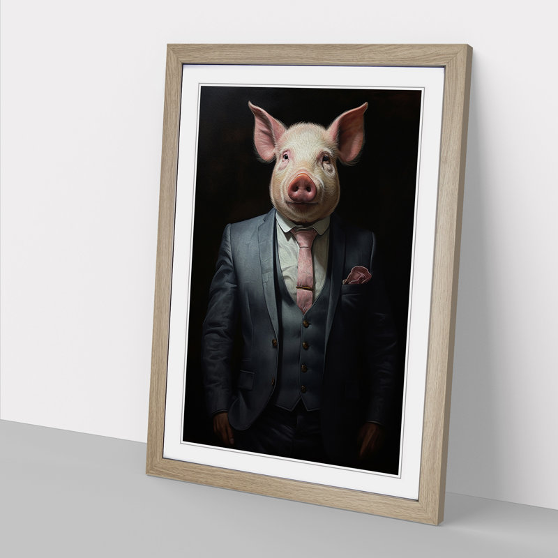 Pig In A Suit No.2 - Single Picture Frame Print on Wood, Oak, 34cm H x 25cm W x 2cm D