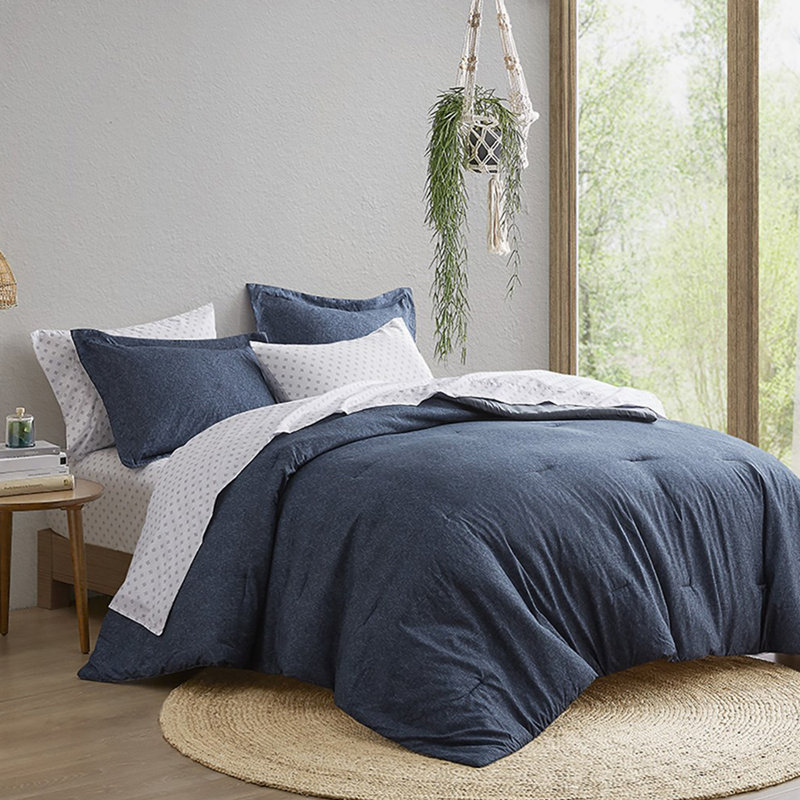Camden Chambray Print Microfiber Comforter Set With Bed Sheets, Queen Comforter + 6 Additional Pieces, Navy