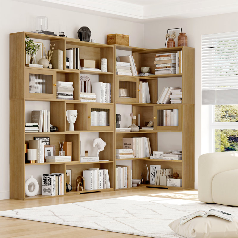 74" H 2-In-1 Bookcase, L-Shaped, 5-Tier Corner Bookshelf, Natural