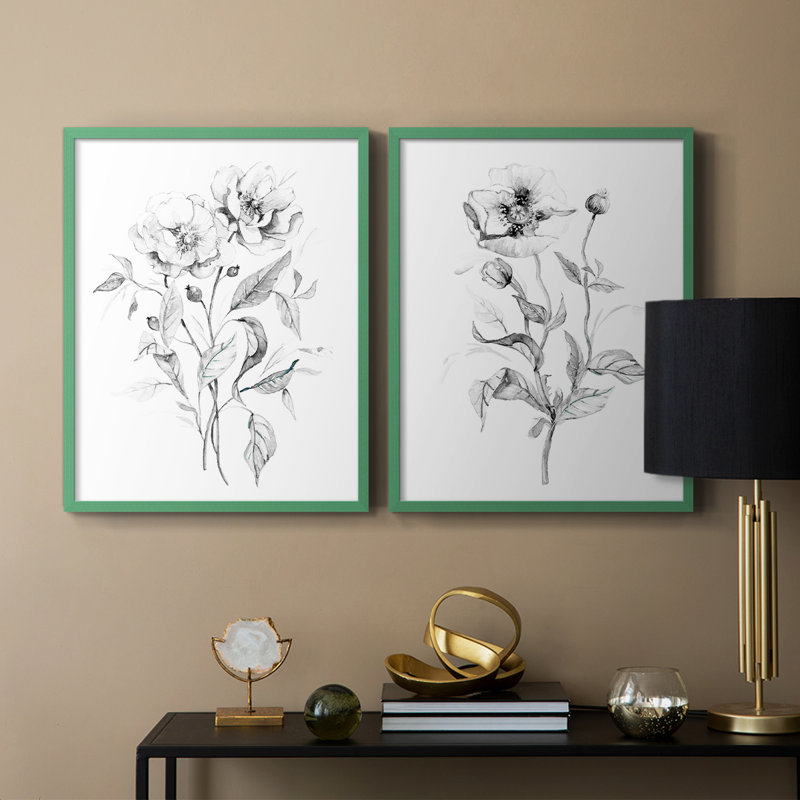 Esquisse de roses sauvages - reproduction encadrée de qualité supérieure - prête à être accrochée - aucun clou requis - aucun clou requis