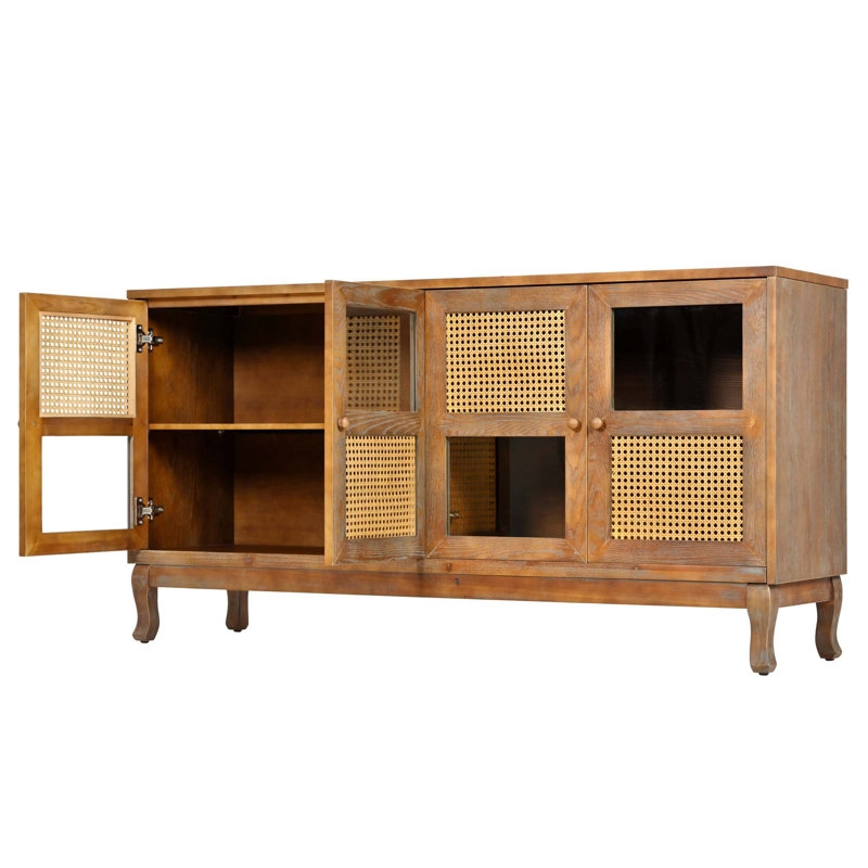 Retro 4-Door Sideboard With Artificial Rattan Doors & Transparent Glass, Antique Brown