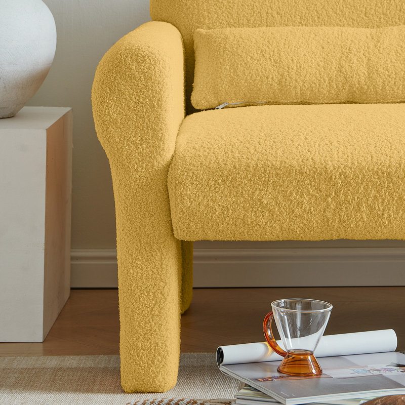 Salle de lecture à 2 places en laine d'agneau jaune - look moderne avec coussin lombaire, construction, utilisation polyvalente et conception confortable pour la structure et les coussins de la maison