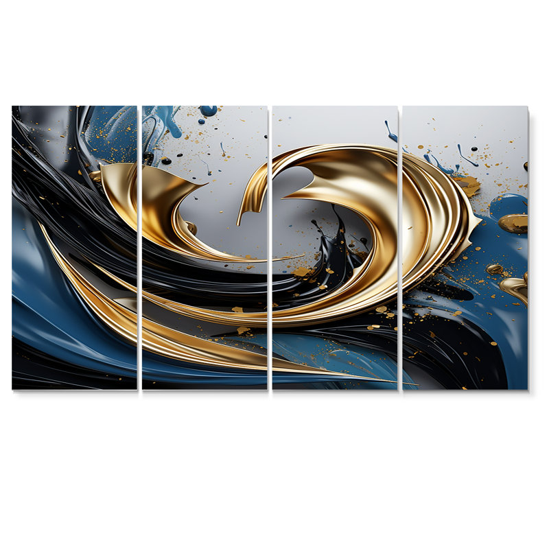 «Evolving Gold Flow», art mural abstrait à l'encre liquide pour le salon, 4 pièces, H 28 po x l 48 po