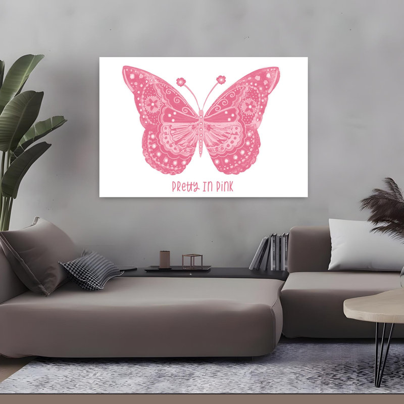 Joli papillon rose fantaisiste, art contemporain, H 32 po x l 48 po