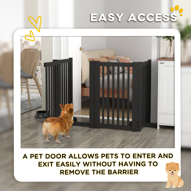 Barrière pour animaux autoportante en bois avec porte ouverte 4 panneaux, Noir