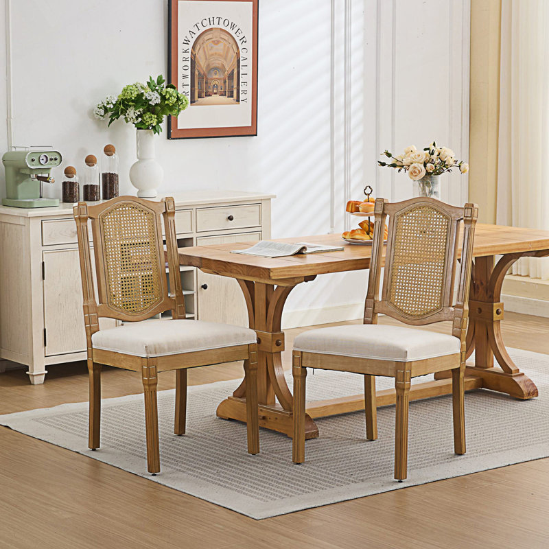 Ensemble de 4 chaises de salle à manger en bois à dossier en rotin, coussin en lin mat avec mousse à haute résilience et ressorts en S
