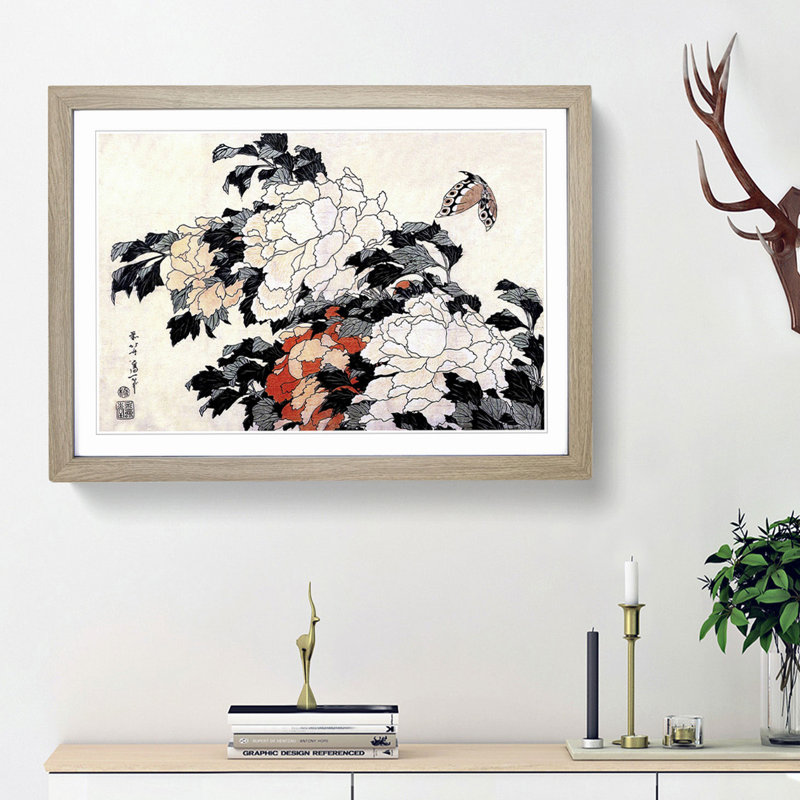 Peonies & Butterfly by Katsushika Hokusai - Picture Frame Painting Print, 36cm H x 48cm W x 2cm D, Oak Framed