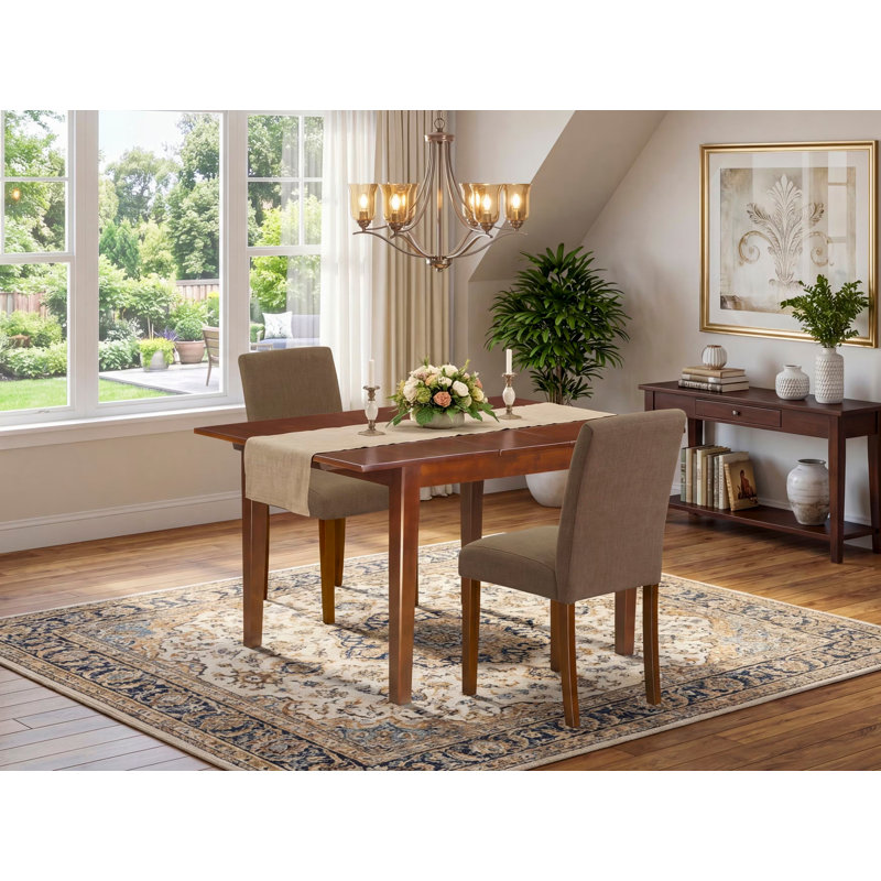 L'ensemble de table de salle à manger 3 pièces contient une table de cuisine rectangulaire avec feuille papillon et 2 chaises de salle à manger Parson en tissu de café, acajou