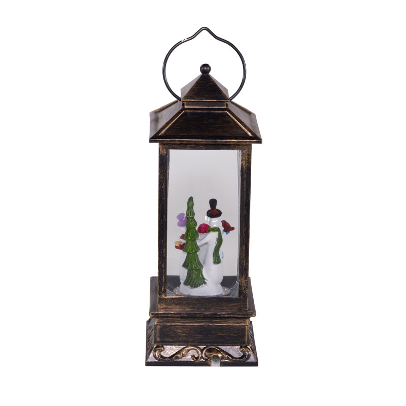 11"H Indoor Lantern Snowman Snow Globe Holiday Decoration with LED Light, Brushed Bronze