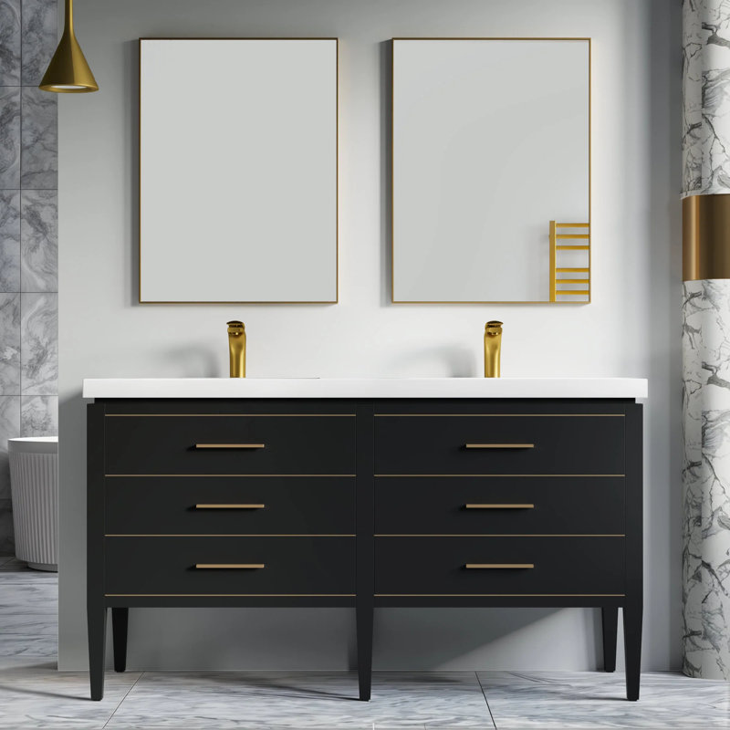 Meuble-lavabo double 61 po avec plateau en résine Alonsa, Lit double, Blanc/laiton