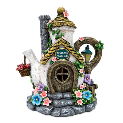 Solar Fairy Tea Pot House Garden Statue, 8" Lighted Mushroom Cottage Figurine Outdoor Decor