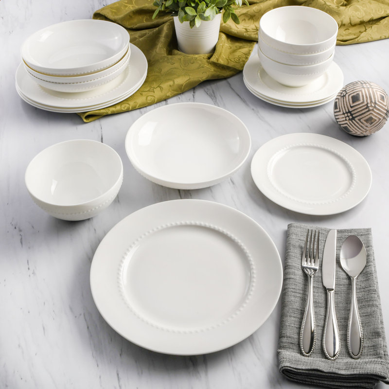 Gibson Elite Embossed Bone China Double Bowl Dinnerware Set, 16 Piece, White