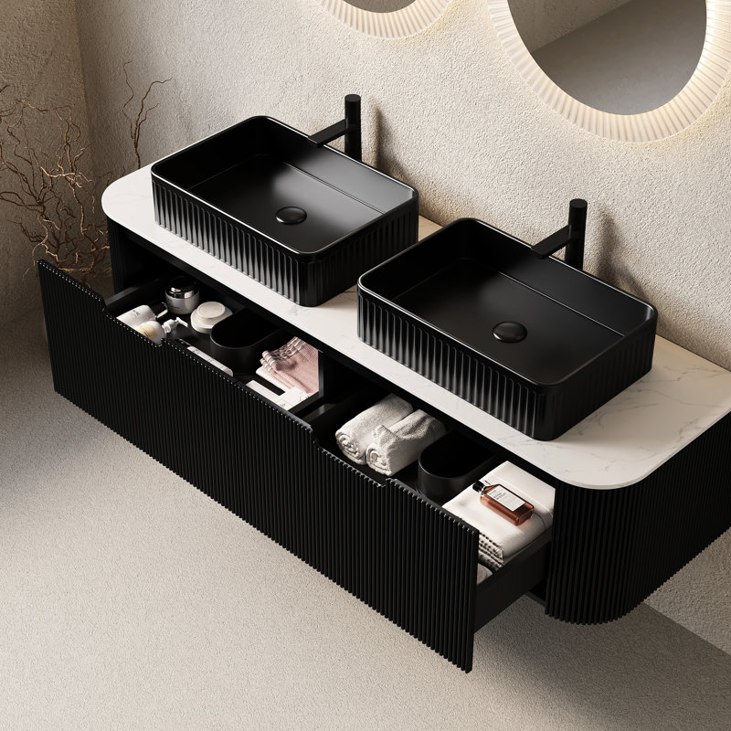 Meuble-lavabo de 60 po avec 2 lavabos rectangulaires noirs, rangement rayé flottant, tiroirs, pré-assemblé, couleur, lavabo, finition 3D, grands lavabos en céramique, cabinet de dureté, tiroir à fonctionnement en douceur,
