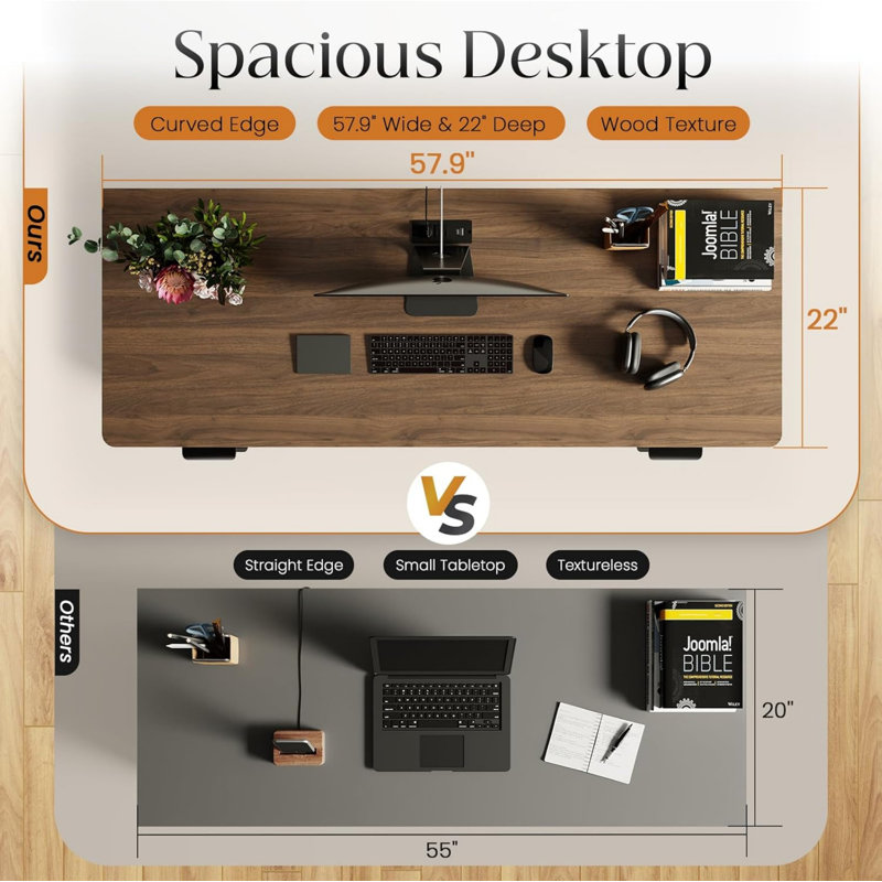 58" Fluted Home Office Desks With Storage, Modern Executive Desk Computer Desks With 5 Drawers & Cabinet, Wood Work Desk File Drawer For Office, Bedroom, Study, Living Room