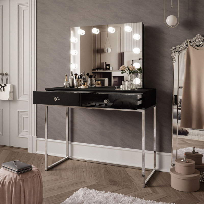 Begie Dressing Table with Mirror, Chrome/White high gloss/White crystal handle