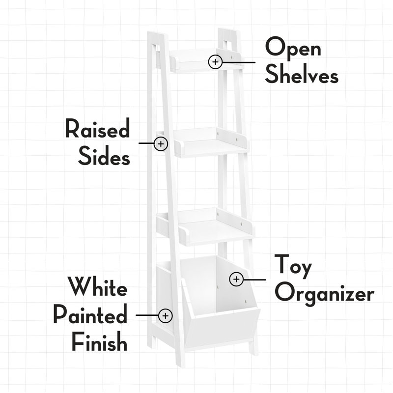 RiverRidge Kids 4-Tier 13in Ladder Shelf Toy Organizer and Book Storage with 3 Open Display Shelf - White with 2 Half Size Fabric Bins