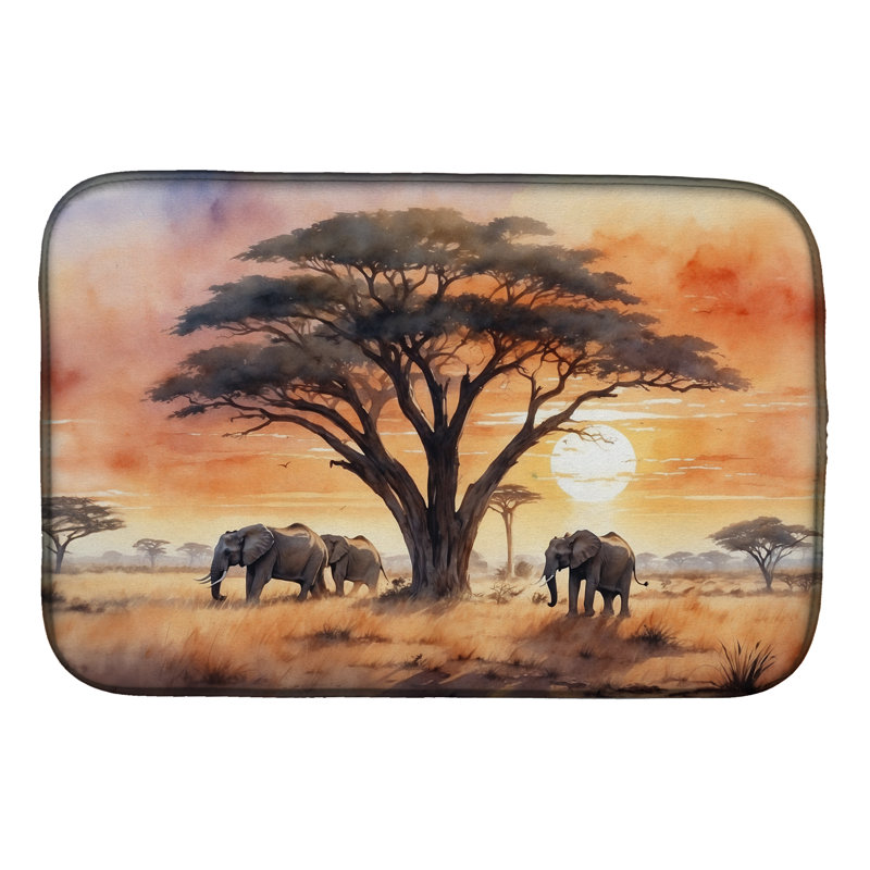 Elephants Savanna Sunrise Dish Drying Mat