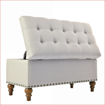 Ottoman Storage Bench 36.6” Linen Fabric Solid Wood Feet Rivet Trim - Beige | Tan Brown | Wood
