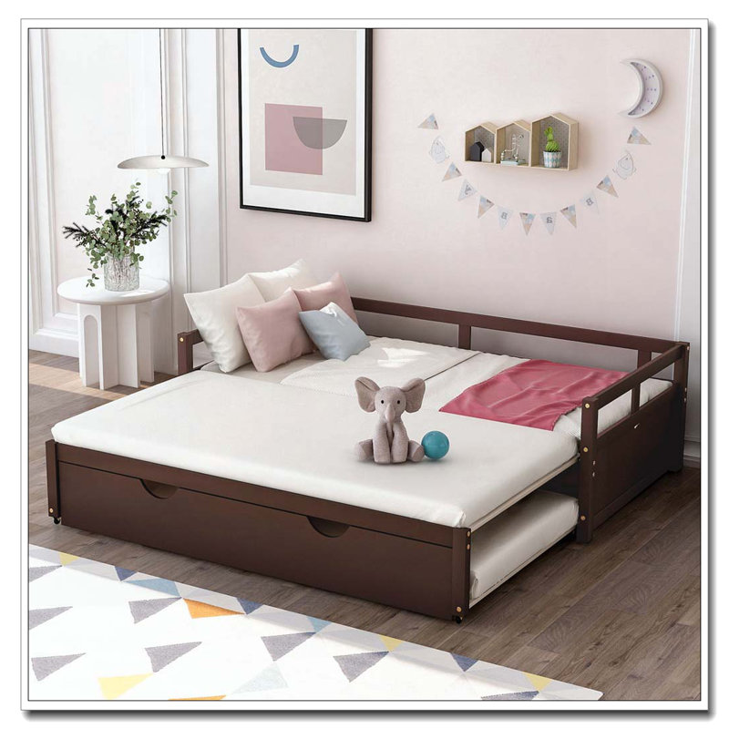 Lit de jour extensible avec couchette, lit de jour en bois avec couchette, Espresso