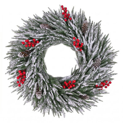 Couronne de Noël artificielle enneigée de 23,6 pouces avec couronne de baies rouges et pommes de pin pour décoration murale de Noël