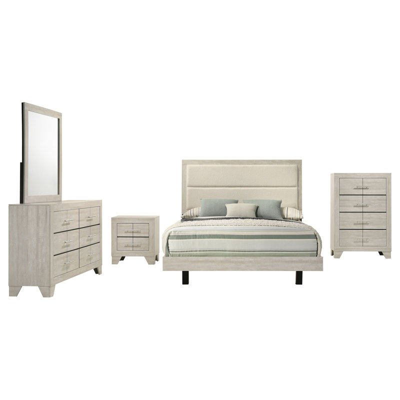 Ensemble de chambre à coucher complète 5 pièces Trenton, Cinq pièces : Lit, 2 commodes, miroir, table de c, Lit double