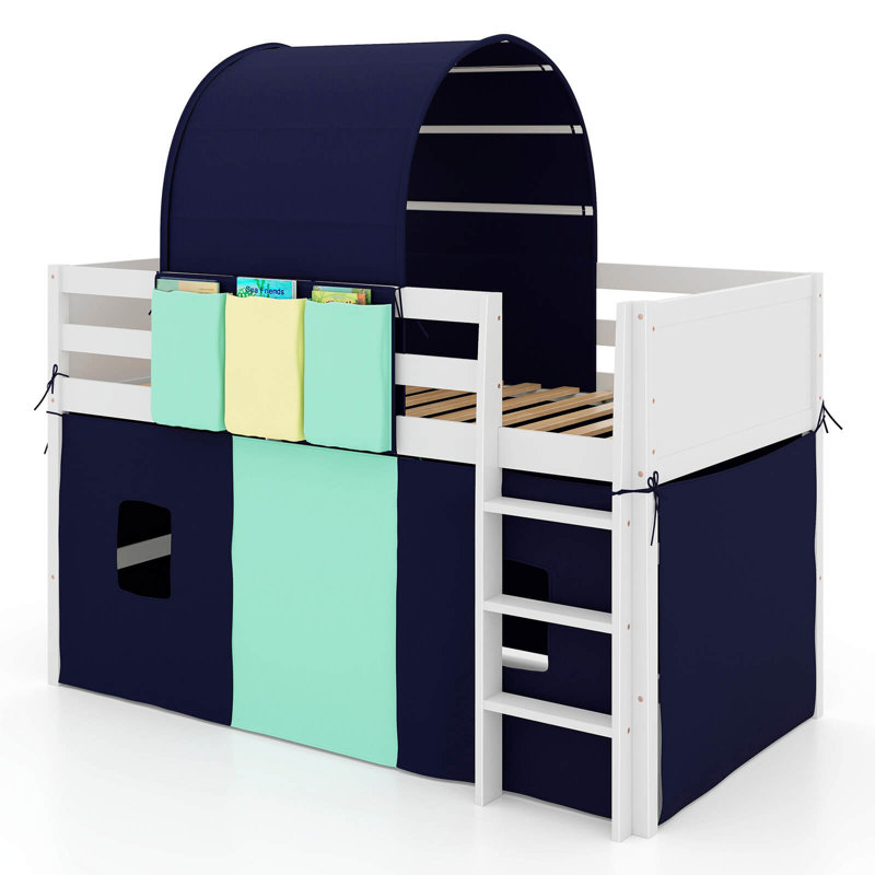 Lit mezzanine simple avec tour et tente, 3 poches de rangement, garde-corps et échelle, White;Blue