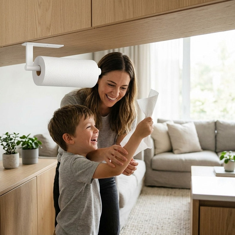 Porte-essuie-tout sous l'armoire, support mural en acier inoxydable avec installation auto-adhésive ou perceuse, Blanc