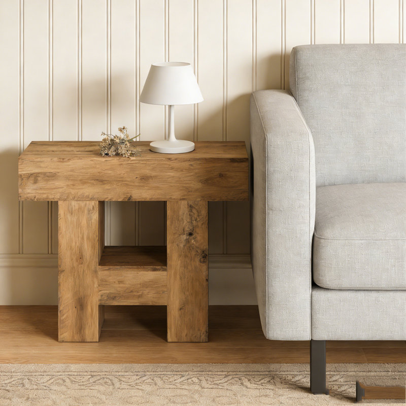Farmhouse Sofa Side Table with 2-Tier Shelf Heavy Duty Base